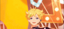 a close up of a yellow haired anime character wearing a microphone and a necklace .