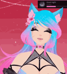 a girl with blue and pink hair and a flower in her hair has a good night sticker on her head