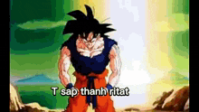 a cartoon character from dragon ball z is standing in front of a green background and says t sap thanh ritat .