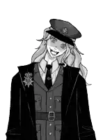 a black and white drawing of a woman in a military uniform and hat