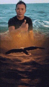 a man giving a thumbs up in front of a flying bird