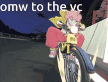 a cartoon of a girl riding a bike with the words omw to the vc above her
