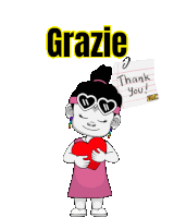 a cartoon girl holding a heart next to a note that says " grazie "