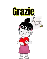 a cartoon girl holding a heart next to a note that says " grazie "