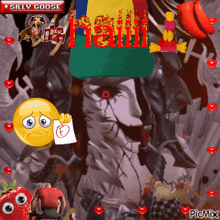 a silly goose poster with a sad face and a hat that says hell