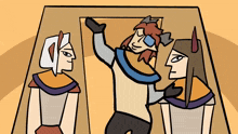 a cartoon drawing of a man with a beard standing between two women