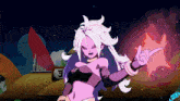 a cartoon character with purple hair is pointing at something with her finger