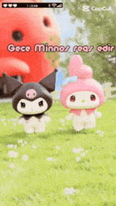 a phone screen shows two cartoon characters and says " gece minnos reas edir "