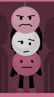 three pink and white balls with faces on them hanging from a rope