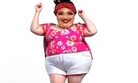 a woman in a pink floral top and white shorts has a big smile on her face