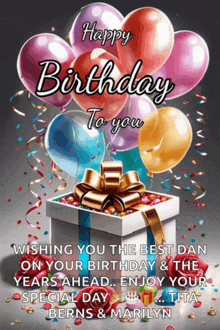 a birthday card with balloons and a gift box