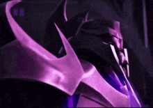 a close up of a purple robot with a sword