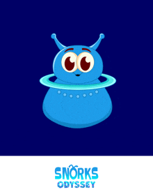 an advertisement for snorks odyssey features a blue alien