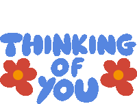 Thinking Of You Red Flowers Around Thinking Of You In Blue Bubble Letters Sticker - Thinking Of You Red Flowers Around Thinking Of You In Blue Bubble Letters Thinking About You Stickers