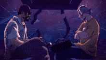 a cartoon of two men sitting next to each other with one wearing a pink hat and the other wearing a white shirt