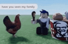 a chicken is standing next to a man and a bucket of kfc .