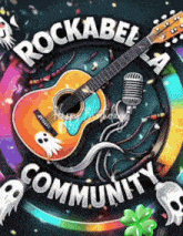 a guitar and a microphone are in a circle with the words rockabella community