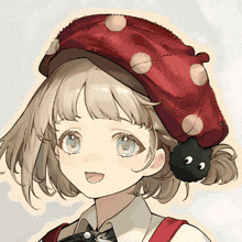 a girl wearing a red hat with polka dots on it
