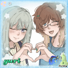 two anime girls are making a heart shape with their hands and the word yuri is on the bottom of the picture
