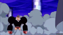 a cartoon character with huge arms and legs is standing in a cloud of smoke .