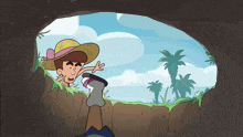 a cartoon of a man wearing a straw hat looking out of a cave