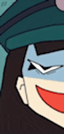a close up of a cartoon character 's face with a hat on and a smile .