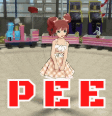 a girl in a dress stands in front of a sign that says pee