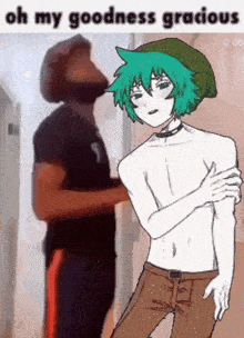 a shirtless anime character with green hair is standing next to a man with a beard .