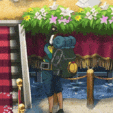 a cartoon drawing of a man with a backpack that says ' explorer ' on the back