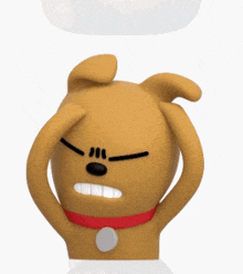 a cartoon dog with a red collar covering his face with his hands