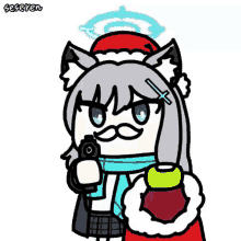 a cartoon of a cat with a santa hat and a mustache holding a camera .