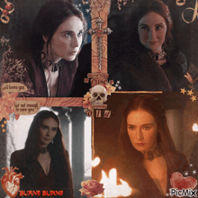 a collage of pictures of a woman with the words burn burn on the bottom left