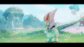 a cartoon character is standing in a field with balloons and flowers in the background