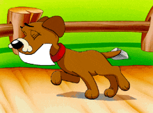 a cartoon dog with a red collar is running