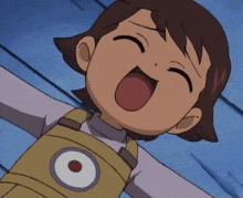 a cartoon character with overalls and a circle on his chest