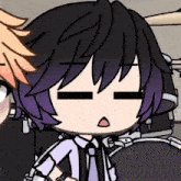 a close up of a cartoon character with purple hair and black eyes .