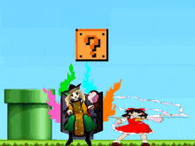 a video game scene with a question mark above a girl