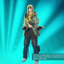 a girl in a green jacket and yellow hoodie is dancing