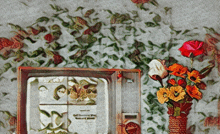 a painting of a television and a vase of flowers with a floral background