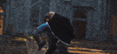 a video game character with a sword and shield is fighting a monster