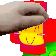 a hand is touching a cartoon character 's face in a pixel art .