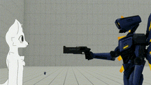 a cartoon drawing of a robot holding a gun and looking at a cat