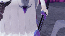 a person in a white dress is holding a purple object