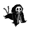 a black and white drawing of a grim reaper with a skeleton head and arms .