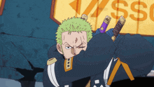 a man with green hair is holding two swords in front of a sign that says ' sss '