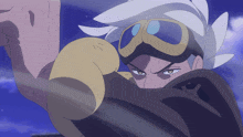 a cartoon character is wearing a pair of goggles and a glove