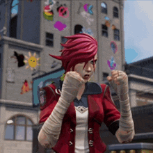 a cartoon character with red hair and bandaged arms