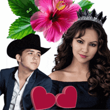 a man wearing a cowboy hat and a woman wearing a crown are standing next to each other