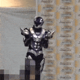 a man in a superhero costume is standing in front of a building .