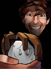a cartoon drawing of a man holding a cube with a smiley face on it